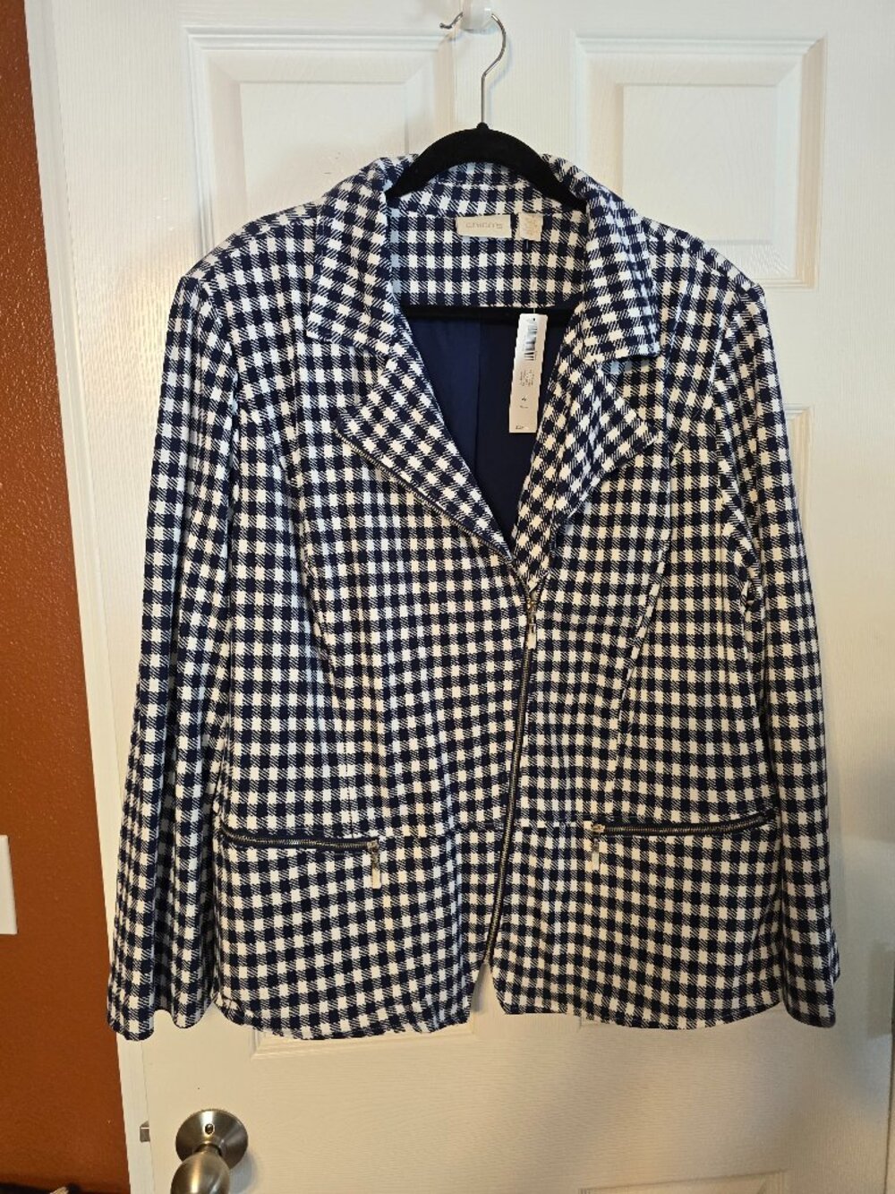 Chico's Navy Blue & White Gingham Checked Jacket - NWT